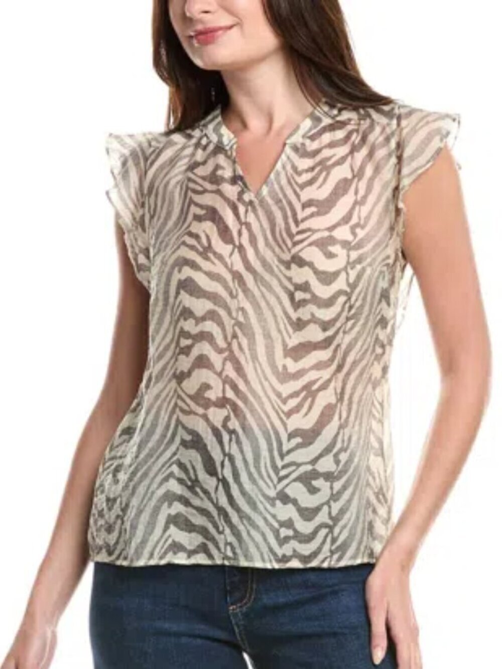 Cabi Savanna blouse top shirt zebra brown tan ruffle lightweight v-neck new XS